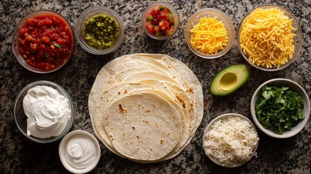 Ingredients for a grilled cheese burrito arranged on a granite countertop, including tortillas, shredded cheese, salsa, guacamole, sour cream, rice, avocado, and cilantro.