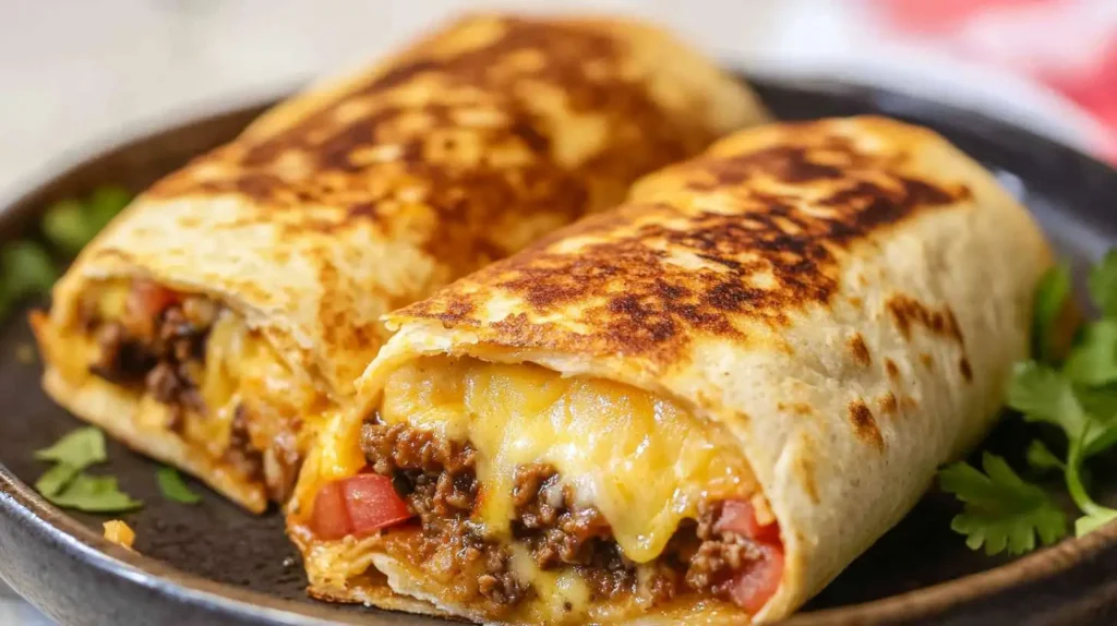 A grilled cheese burrito sliced in half, revealing layers of melted cheese, seasoned beef, and fresh tomatoes, served on a ceramic plate with garnish.