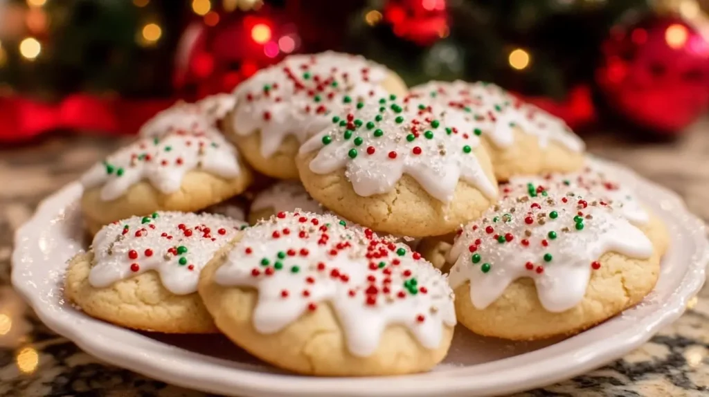 Plate of Italian Christmas cookies topped with white icing and red and green sprinkles, set against a festive background.