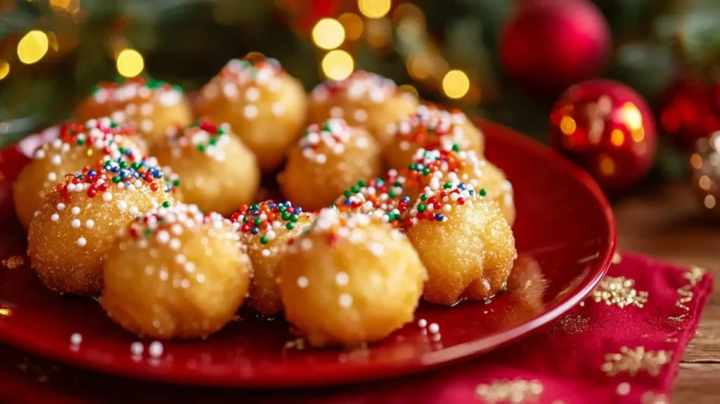 Golden honey-coated Struffoli cookies arranged in a wreath shape, topped with colorful sprinkles on a red holiday plate.