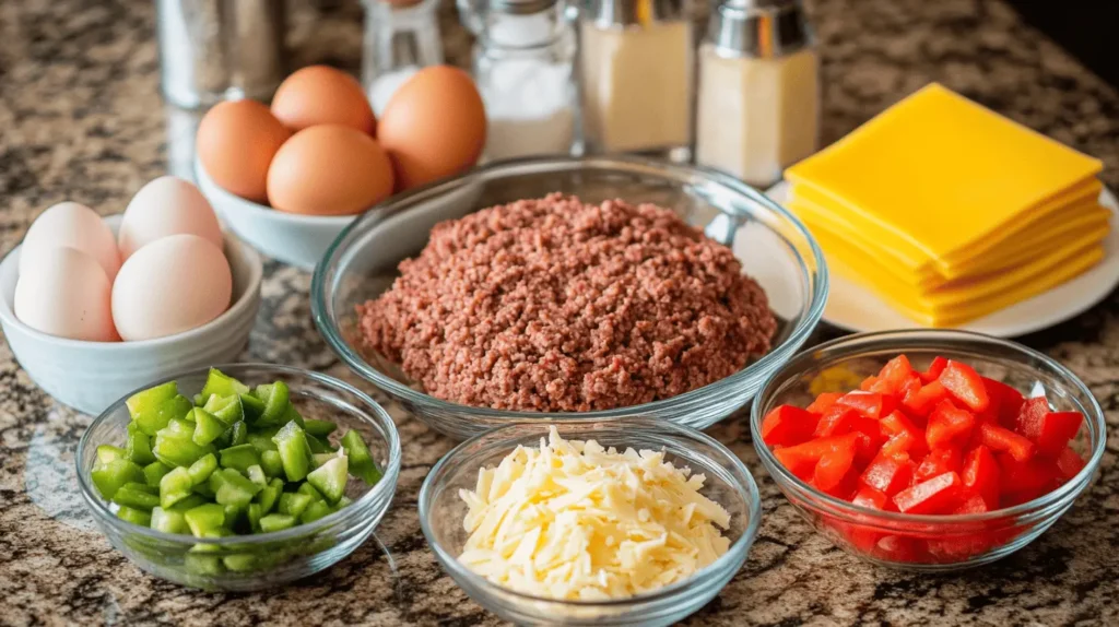 A selection of fresh ingredients for Philly Cheesesteak Meatloaf, including ground beef, whole eggs, diced green peppers, diced red peppers, shredded cheese, and sliced yellow cheese, displayed on a granite countertop.