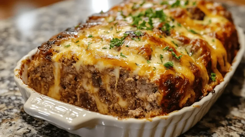 A baked Philly Cheesesteak Meatloaf in a white ceramic dish, featuring a golden, melted cheese topping with garnished parsley. The meatloaf has a moist and tender appearance.