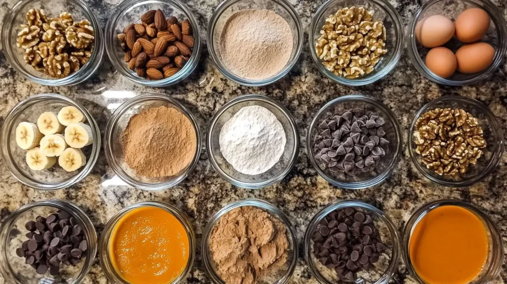 ndividual glass bowls filled with raw ingredients for pumpkin banana bread, including sliced bananas, pumpkin puree, flour, sugar, eggs, walnuts, cinnamon, and chocolate chips, arranged on a granite countertop.