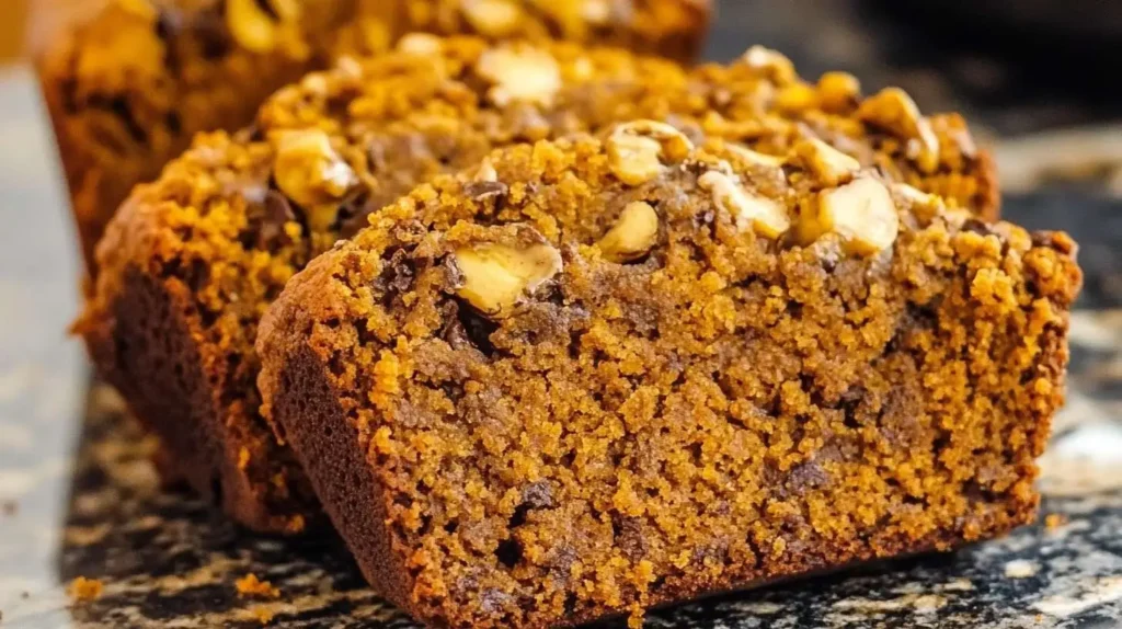 Sliced pumpkin banana bread with chocolate chips and walnuts, showing its soft, moist texture and rich autumnal color, placed on a rustic kitchen counter.