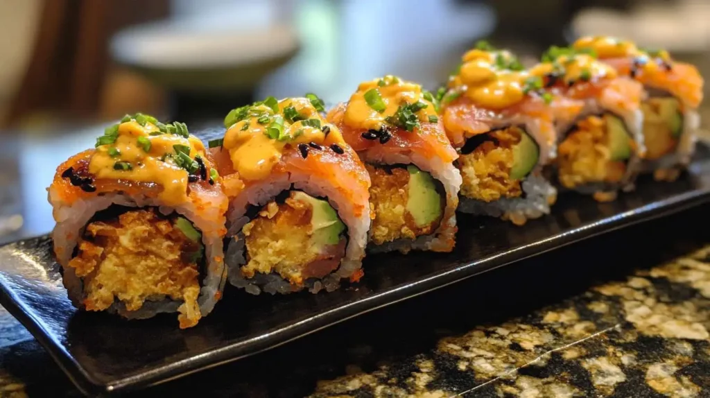 Close-up of a beautifully plated Volcano Roll sushi with spicy mayo drizzle and fresh chives on a black plate.