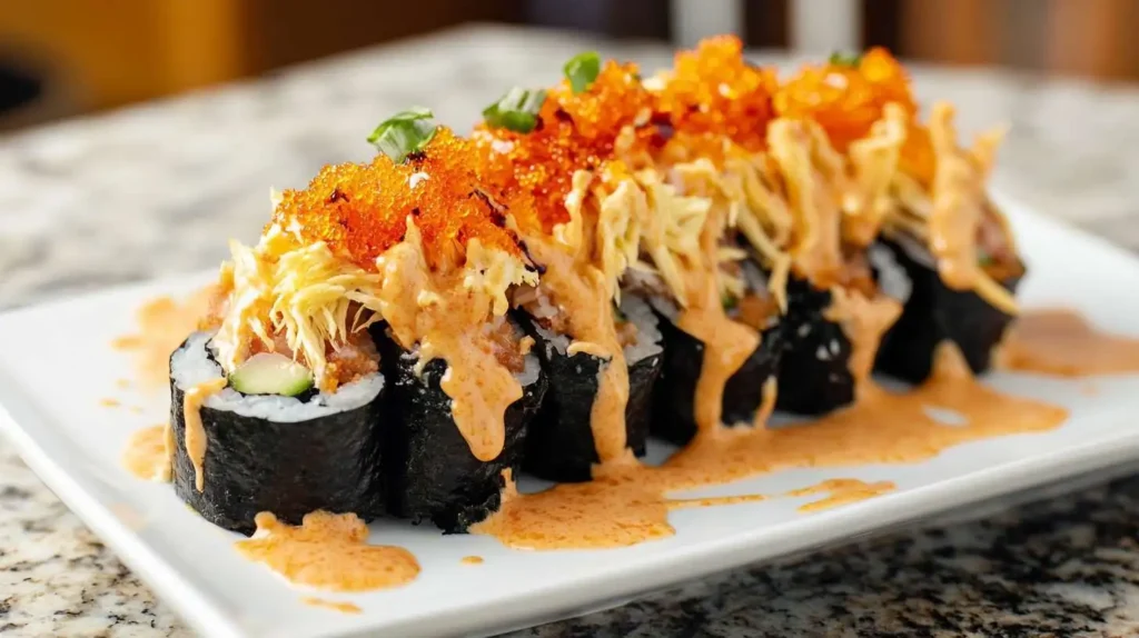 Volcano Roll sushi topped with crispy tempura flakes, spicy mayo, and bright orange tobiko on a white plate.