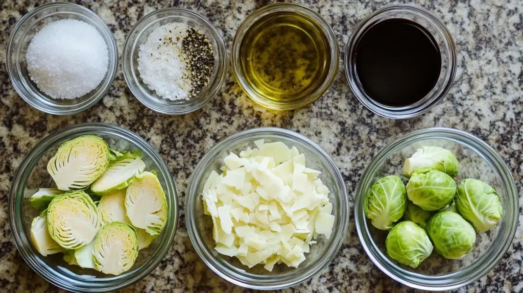 Raw Brussels cabbage and ingredients like olive oil, balsamic vinegar, salt, pepper, garlic, and Parmesan, each placed in a separate bowl.