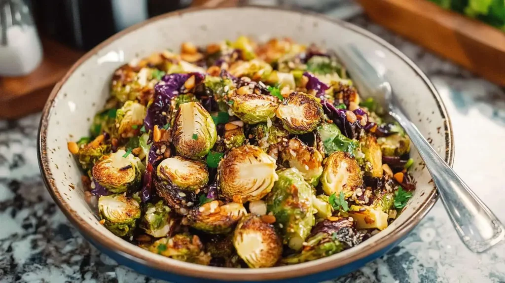 Roasted Brussels cabbage with toasted nuts, balsamic glaze, and fresh herbs in a rustic serving bowl.