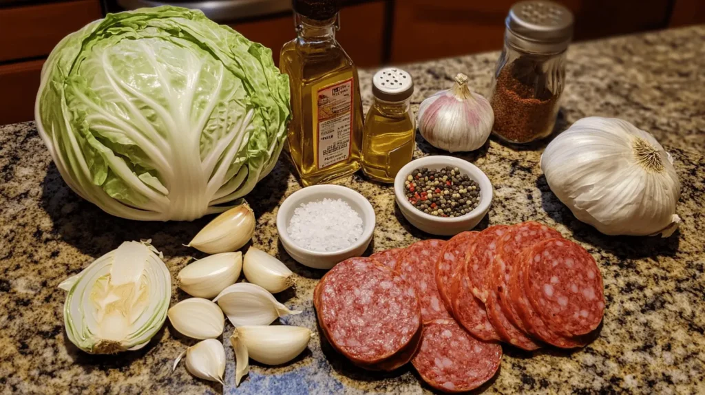 Fresh cabbage, garlic cloves, sliced sausage, olive oil, and seasonings arranged on a granite countertop.