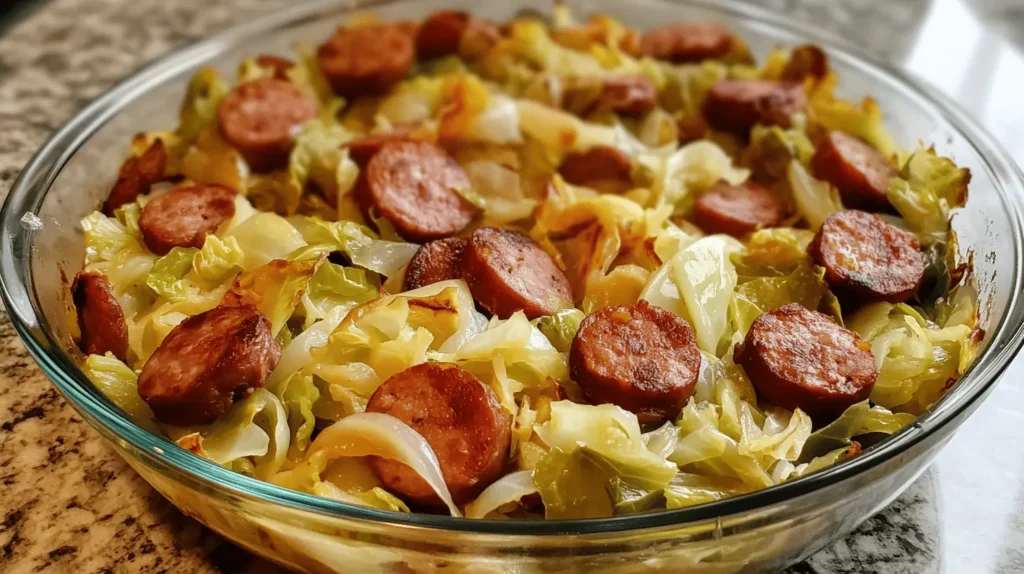 Baked cabbage and sausage slices in a glass casserole dish, cooked to golden perfection.