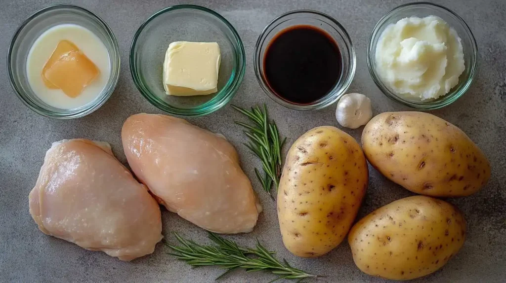 Raw ingredients for chicken and mashed potatoes, including chicken breasts, peeled potatoes, butter, milk, garlic, and rosemary, each in a separate bowl on a polished granite countertop.