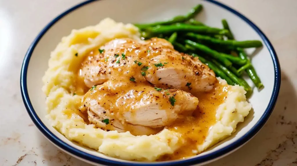 Sliced roasted chicken breast with brown gravy, served over mashed potatoes with a side of green beans on a white and blue-rimmed plate.