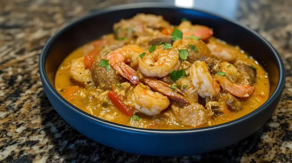 A black bowl filled with rich, flavorful chicken sausage and shrimp gumbo, garnished with fresh green parsley, served over a dark granite countertop.