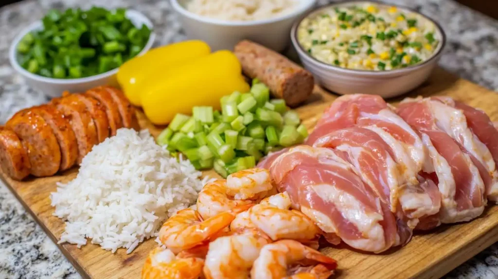 A wooden cutting board with raw chicken thighs, sliced andouille sausage, peeled shrimp, diced celery, bell peppers, and white rice, with bowls of chopped green onions and corn in the background.