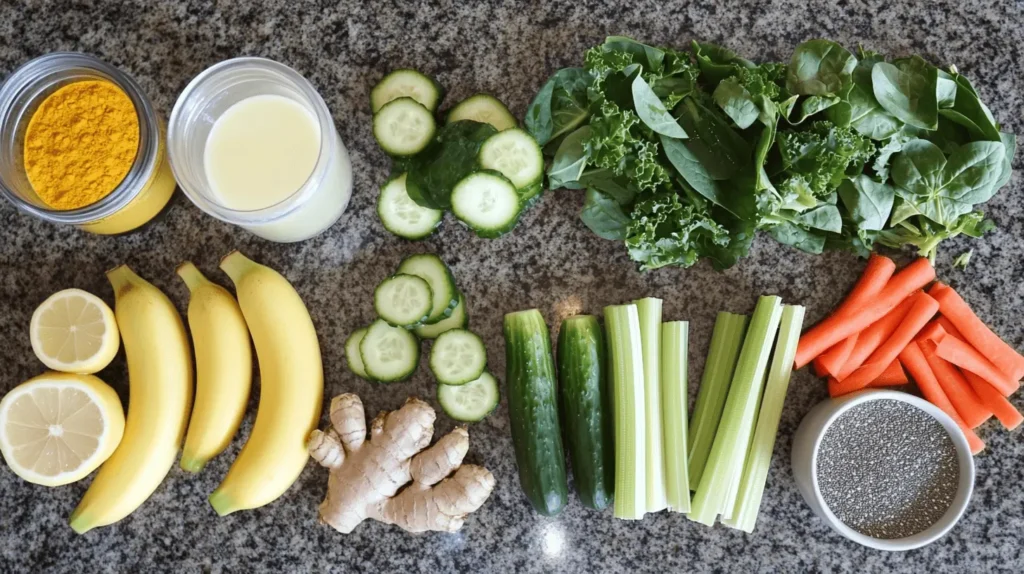 Fresh detox smoothie ingredients, including bananas, cucumbers, celery, carrots, kale, spinach, lemon, ginger, and turmeric, arranged neatly on a granite countertop.