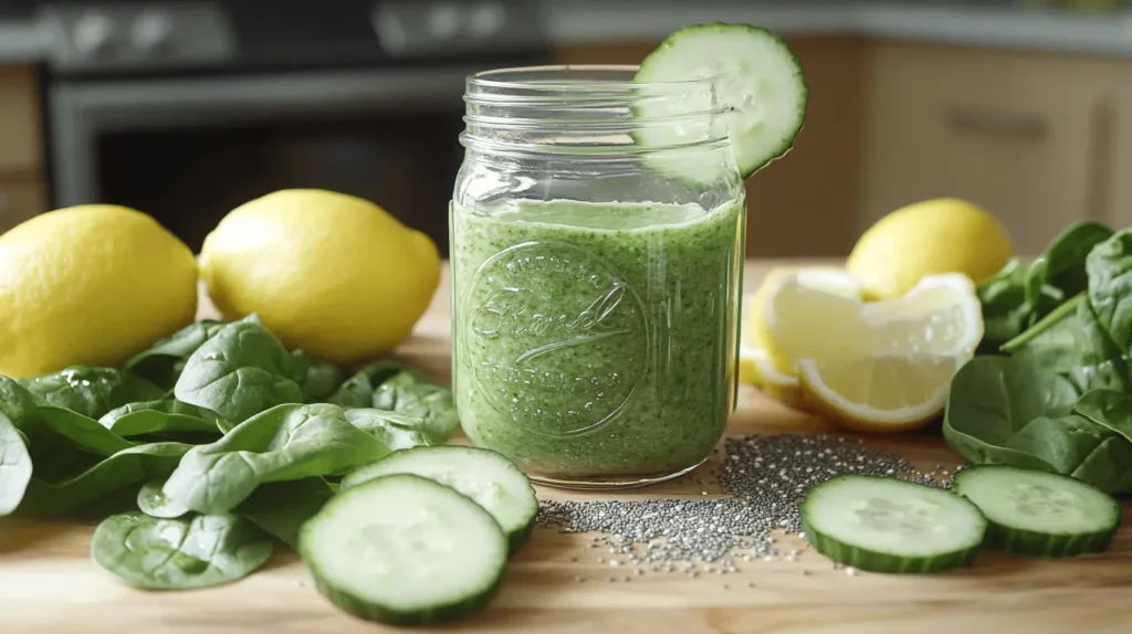 A green detox smoothie in a mason jar garnished with a cucumber slice, surrounded by fresh spinach, cucumber slices, lemon halves, and chia seeds on a wooden cutting board.