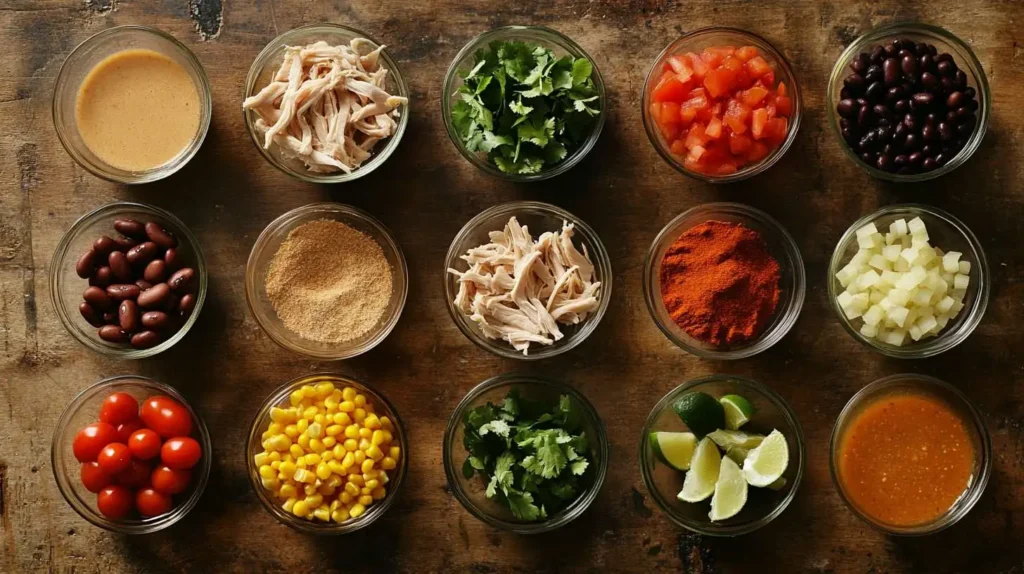 Fresh ingredients for healthy chicken tortilla soup arranged in glass bowls on a rustic wooden surface, including shredded chicken, black beans, corn, diced tomatoes, lime wedges, and spices.