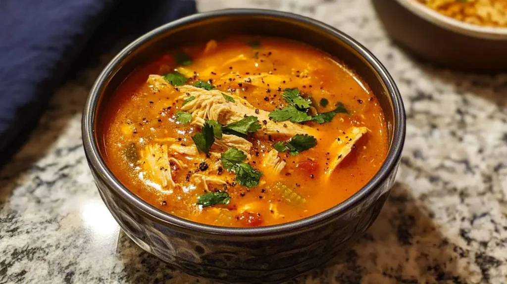 A simmering pot of healthy chicken tortilla soup filled with shredded chicken, tomatoes, black beans, corn, and rich broth, garnished with fresh cilantro.