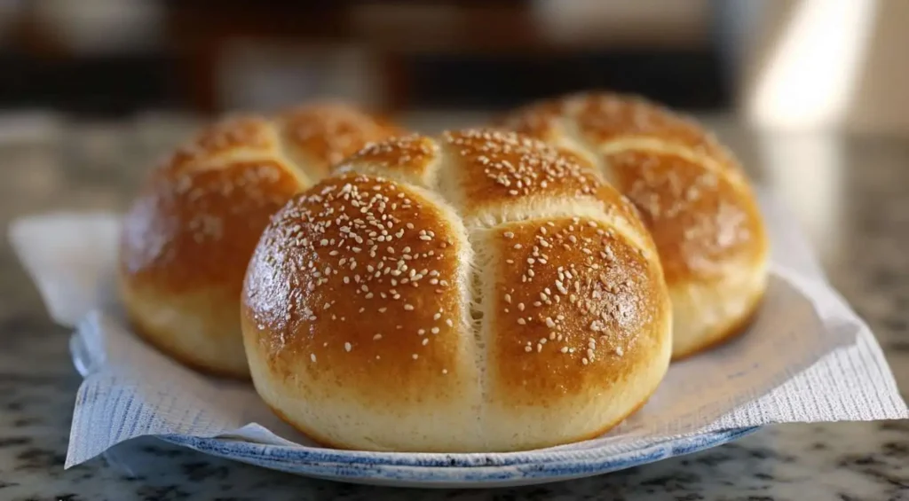 Kaiser rolls with poppy seed toppings on a blue and white decorative plate on a granite countertop.