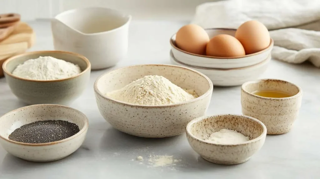 Ingredients for Kaiser rolls, including bowls of flour, eggs, poppy seeds, and oil, arranged on a granite countertop.