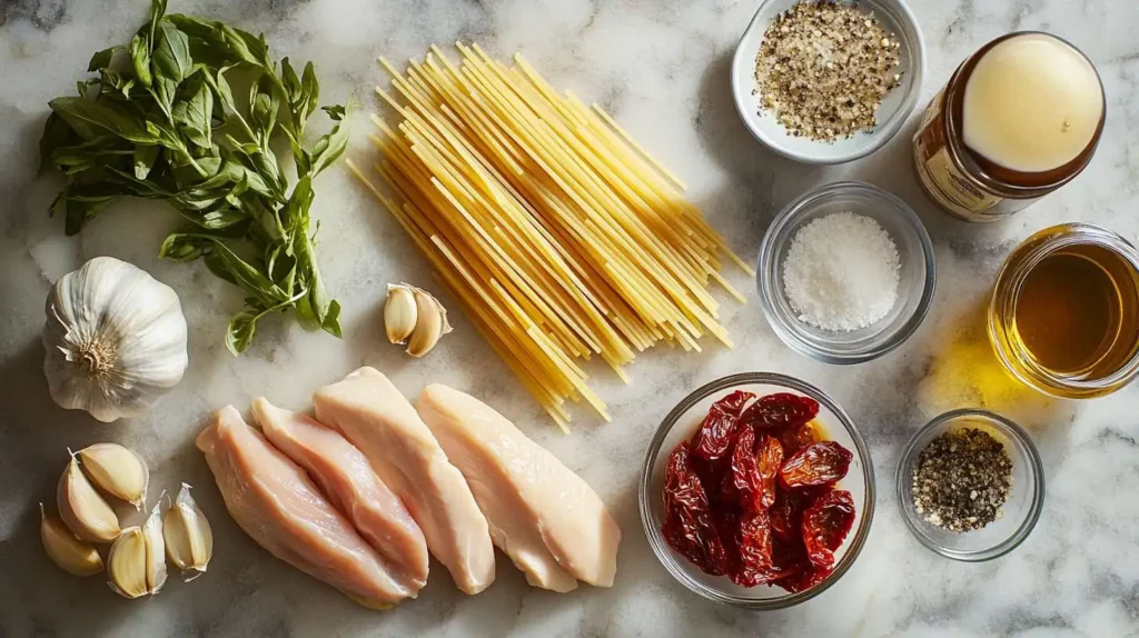 Ingredients for Marry Me Chicken Pasta neatly arranged on a marble countertop, including chicken breasts, pasta, sundried tomatoes, garlic, basil, and olive oil.