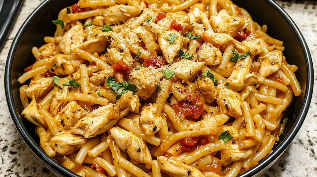 A serving of Marry Me Chicken Pasta in a black bowl, featuring golden chicken pieces, sundried tomatoes, and parmesan sprinkled on top.