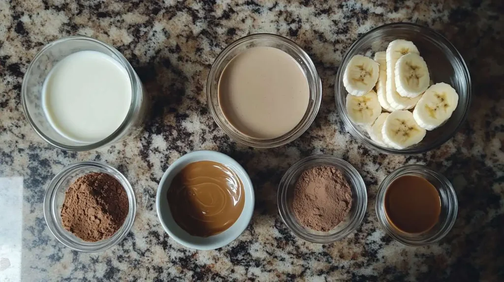 Ingredients for protein milkshake recipe neatly arranged in bowls, including protein powder, milk, frozen bananas, nut butter, cocoa powder, and vanilla extract on a granite countertop.