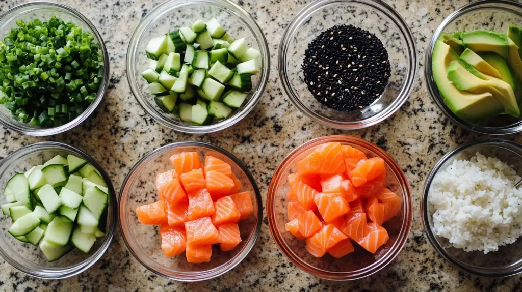 Individually portioned ingredients for salmon poke, including sushi-grade salmon, soy sauce, sesame oil, rice vinegar, green onions, sesame seeds, avocado, cucumber, and cooked sushi rice, neatly arranged in glass bowls on a polished granite countertop.