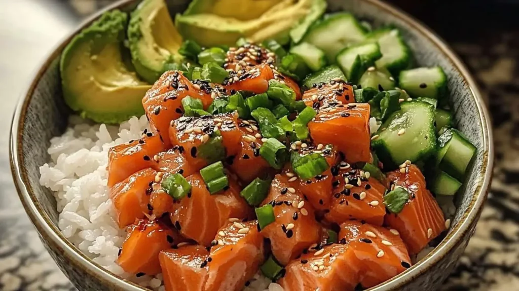 A freshly prepared salmon poke bowl with marinated salmon cubes, avocado slices, diced cucumber, sesame seeds, and green onions, served over sushi rice in a ceramic bowl.