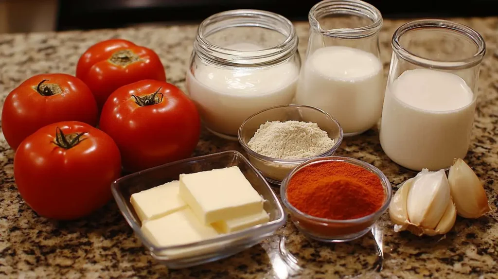 Fresh tomatoes, butter, milk, flour, garlic, and seasonings neatly arranged on a granite countertop for a tomato gravy recipe.