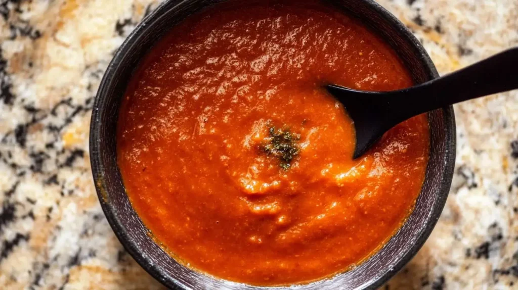 A bowl of tomato gravy garnished with fresh herbs, served with a black spoon on a granite countertop.