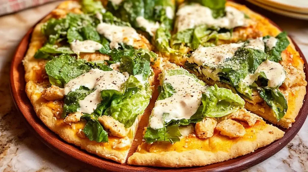 Freshly baked Chicken Crust Caesar Salad Pizza on a wooden serving board