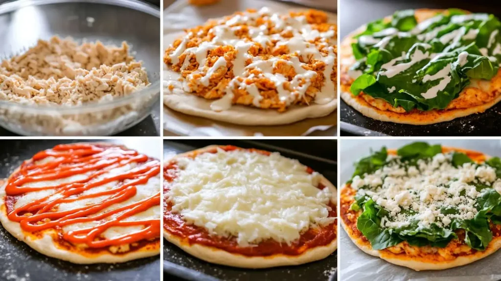 Step-by-step preparation of Chicken Crust Caesar Salad Pizza in a six-panel collage