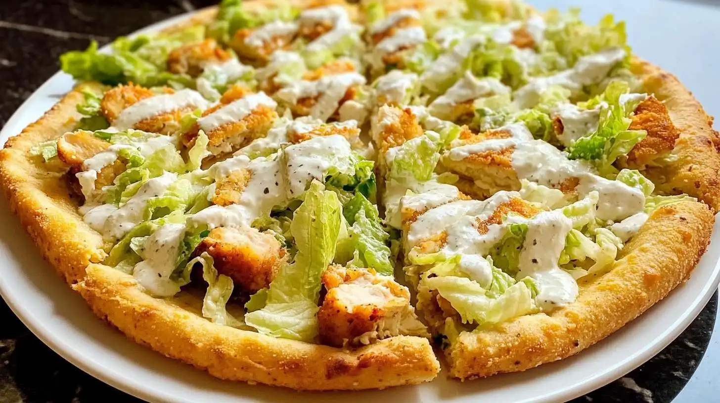 Sliced Chicken Crust Caesar Salad Pizza served on a white plate