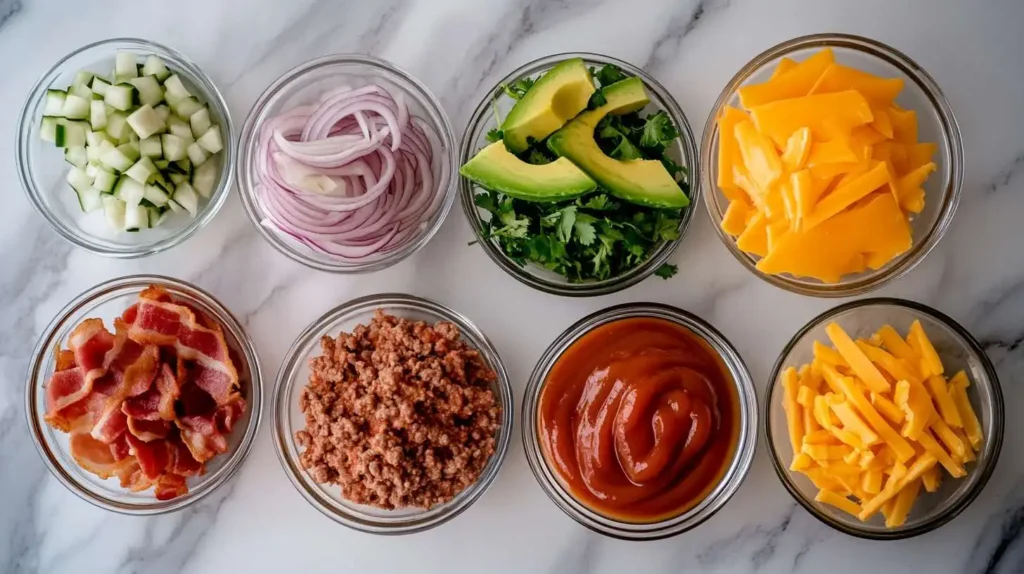 Top-down view of raw ingredients for a Hangover Burger, including ground beef, bacon, cheddar cheese, avocado, onion, and hot sauce, neatly arranged in bowls on a white marble countertop.