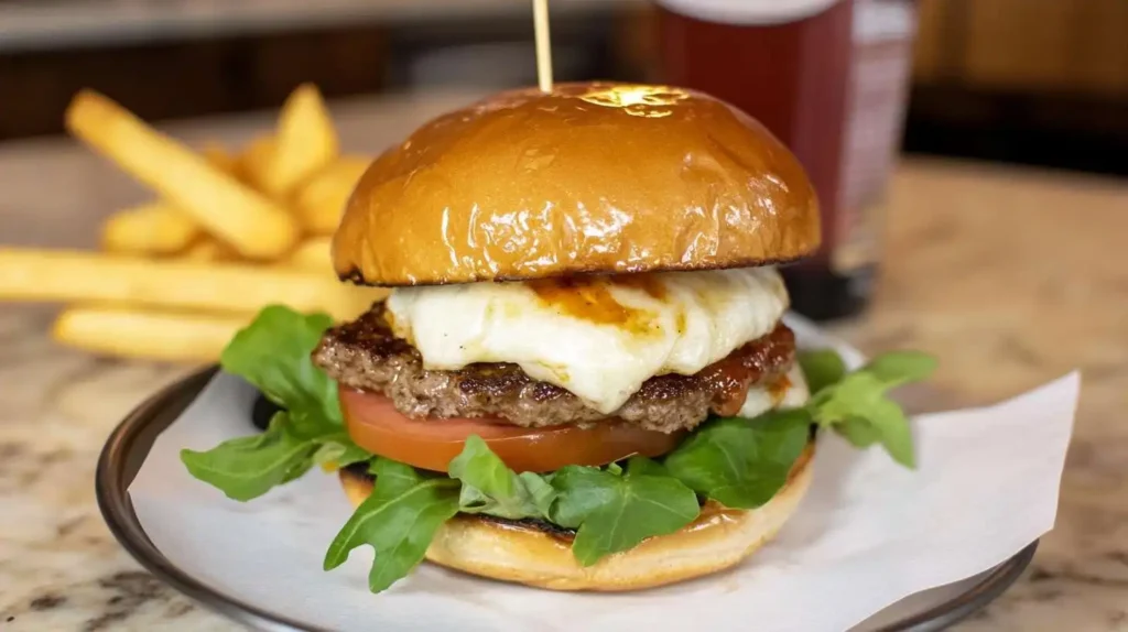 A Hangover Burger with a juicy beef patty, melted cheese, and a fried egg, served on a toasted brioche bun with fresh greens and tomato slices.