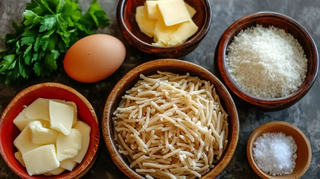 Raw ingredients for Pastina Soup, including uncooked pastina pasta, butter, Parmesan cheese, a whole egg, and fresh parsley, arranged in small bowls on a dark countertop.