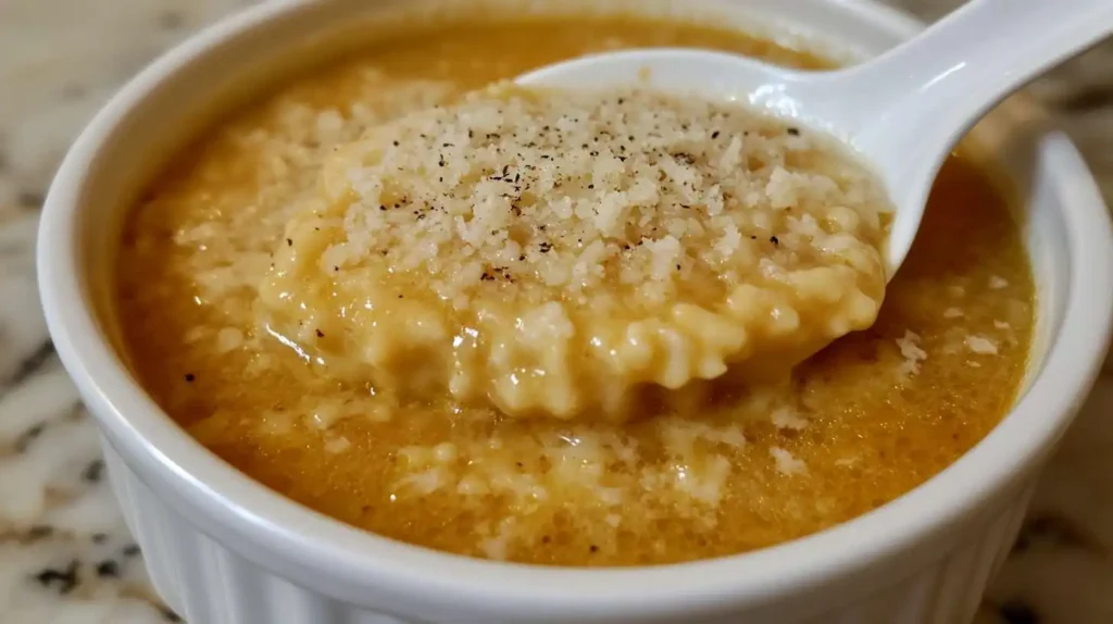 A creamy bowl of Pastina Soup with Parmesan cheese sprinkled on top, served in a white ramekin with a spoonful of pasta.