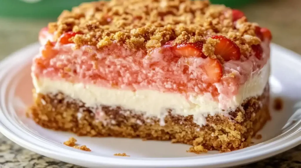 Slice of Strawberry Crunch Cake with a creamy strawberry and vanilla layer, topped with golden crunch.