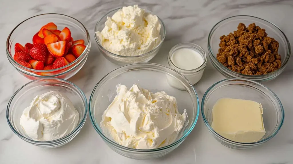 Fresh ingredients for Strawberry Crunch Cake, including strawberries, cream cheese, and crunchy topping.