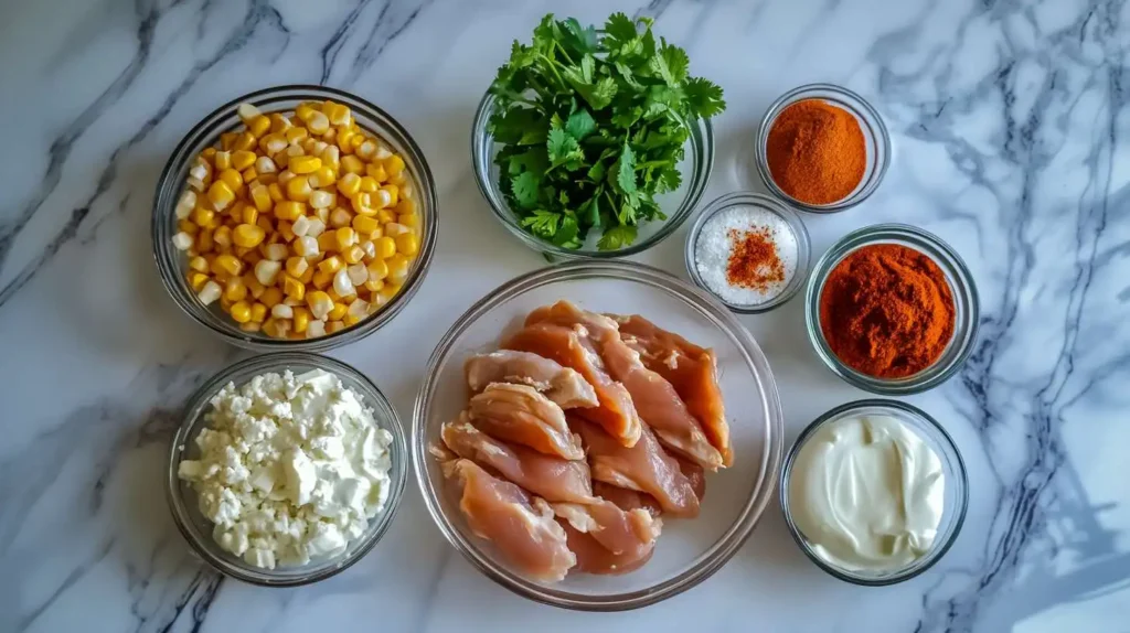 Raw ingredients for a Mexican Street Corn Chicken Rice Bowl, including chicken breast, corn, Cotija cheese, cilantro, Greek yogurt, and spices, arranged in glass bowls.