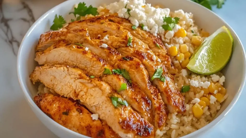 A white bowl filled with grilled chicken slices, rice, sweet corn, Cotija cheese, and a fresh lime wedge, garnished with cilantro.