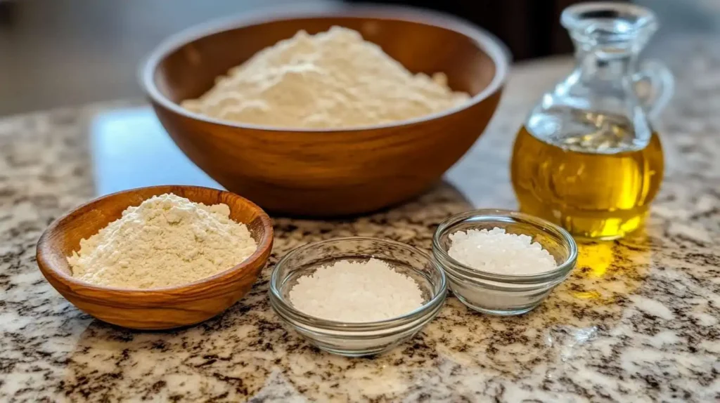 A wooden and glass bowl filled with bread flour, sea salt, and a glass bottle of olive oil, neatly arranged on a polished granite countertop.