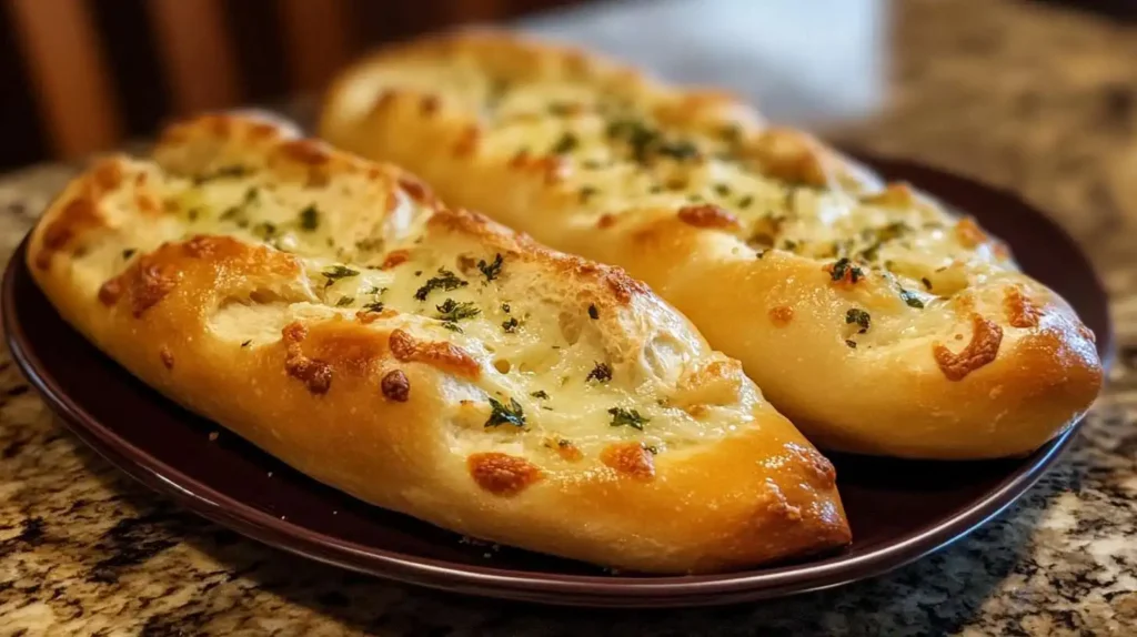 Two golden brown loaves of cheesy garlic Italian bread garnished with fresh herbs, placed on a dark brown plate on a granite countertop.