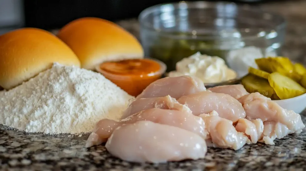 Raw ingredients for homemade crispy chicken mini sandwiches, including boneless chicken breast, flour, buttermilk, pickles, mayo, and hot sauce, neatly arranged on a granite countertop.