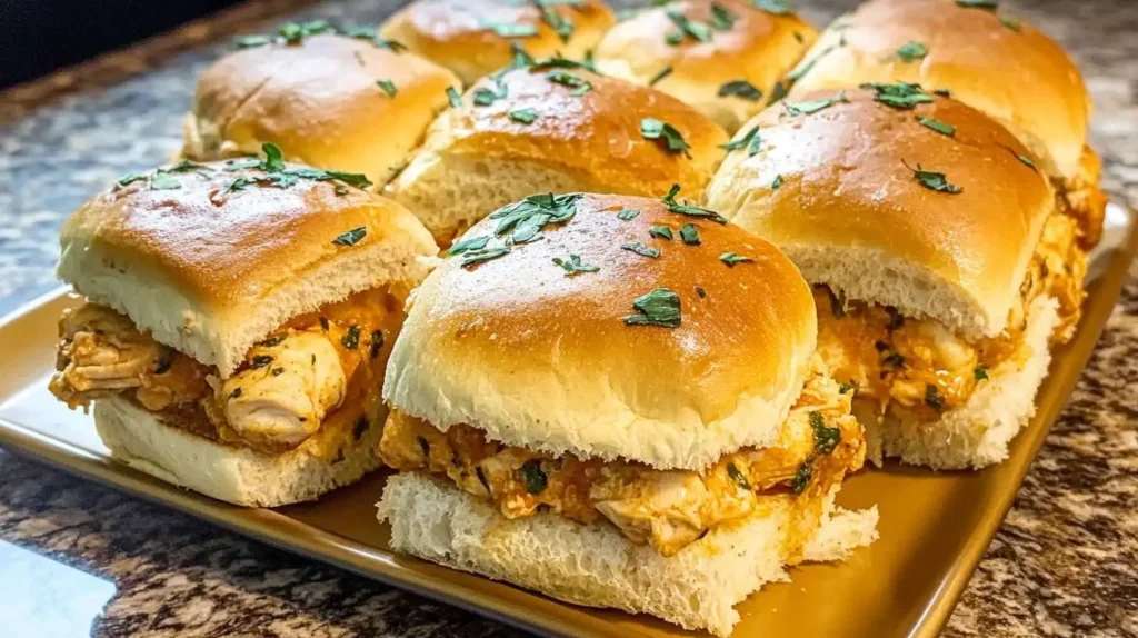 Freshly baked shredded chicken mini sandwiches, topped with melted cheese and garnished with chopped herbs, served on a golden platter.