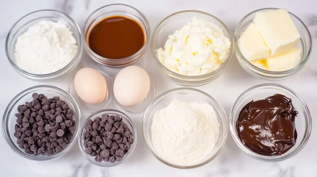 Bowls of raw ingredients for Cottage Cheese Brownies, including melted chocolate, cottage cheese, eggs, and chocolate chips.