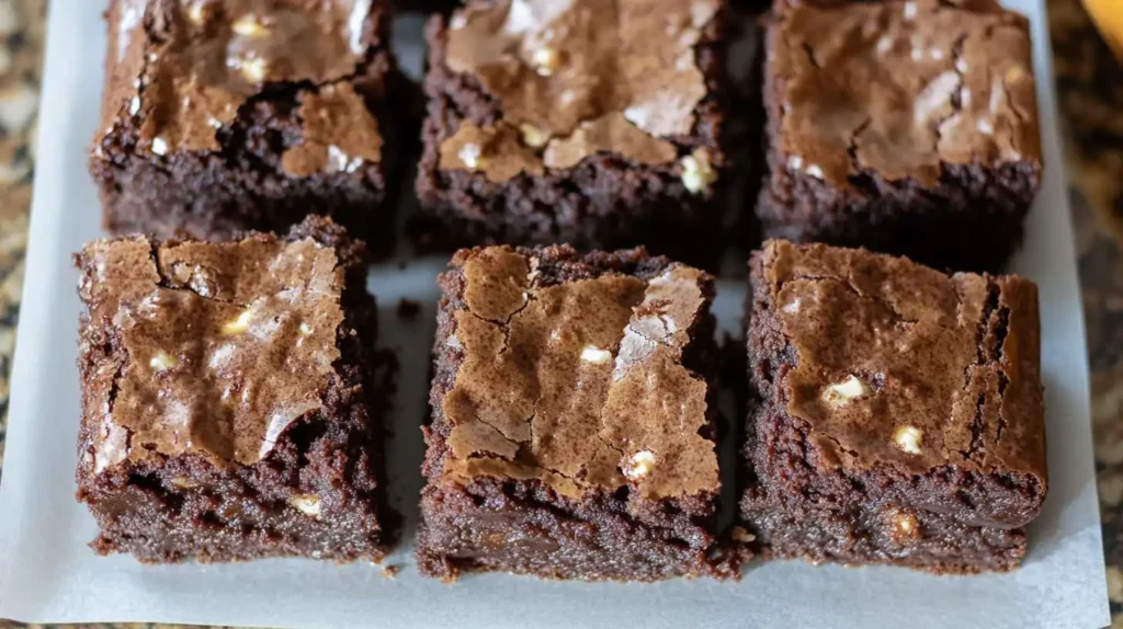 Freshly baked Cottage Cheese Brownies with a crinkly top and chocolate chips on a white parchment paper.