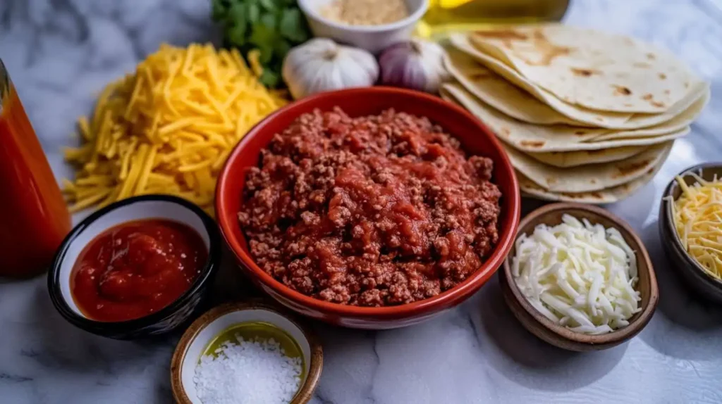 Raw ingredients for ground beef enchiladas, including seasoned beef, tortillas, shredded cheese, enchilada sauce, garlic, and spices, arranged on a marble countertop.