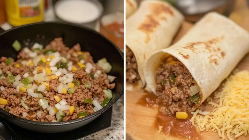 A side-by-side image showing ground beef cooking in a skillet with chopped onions, peppers, and corn on the left, and rolled enchiladas filled with beef and cheese on a wooden board on the right.